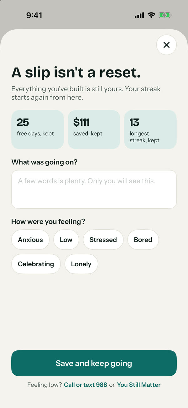 The slip screen, headed A slip isn't a reset, showing free days, money and longest streak all kept.