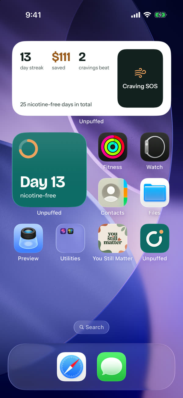 An iPhone home screen with an Unpuffed progress widget, a Craving SOS button and a Day 13 widget.